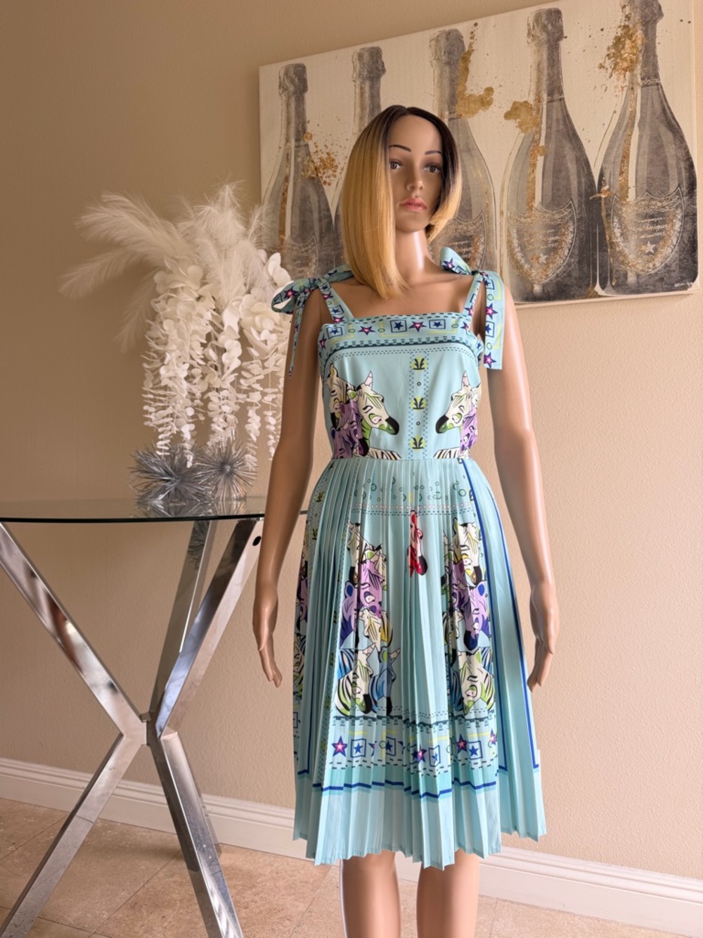 Light Blue Tie-Shoulder Pleated Floral Print Dress